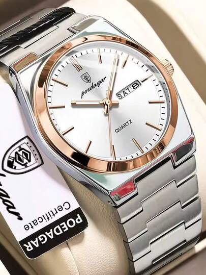 1 pezzo Orologio da uomo in acciaio inossidabile impermeabile e luminoso, con display della data e del giorno, casual, al quarzo, adatto per uso quotidiano, con confezione