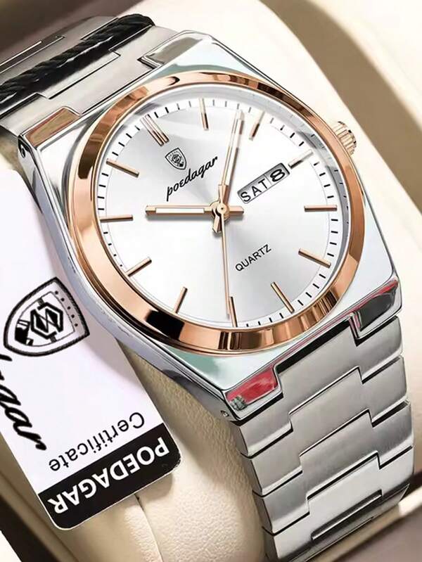 POEDAGAR 1 pieza Reloj de inoxidable luminoso y resistente al agua con pantalla de fecha y día, reloj de pulsera de cuarzo casual para hombres, reloj de hombre + caja de regalo