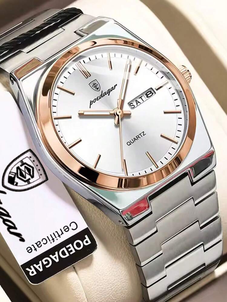 POEDAGAR 1 件装时尚防水夜光不锈钢男士手表，带日期和星期显示，休闲石英腕表，男士手表 + 礼盒 - 均碼 - 查看 1