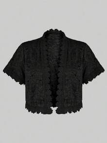 Yukiwi Plus Size Women Camellia Lace Patchwork Short Sleeve Cardigan, Suitable For Holiday Party Wear Spring Black - Black - View 1