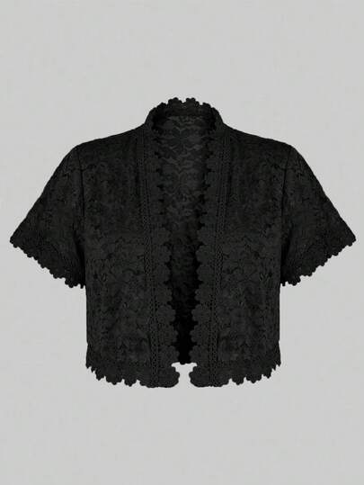 Yukiwi Chaqueta corta de mujer talla grande con parches de encaje de camelias y mangas cortas, adecuada para usar en fiestas y primavera, color negro