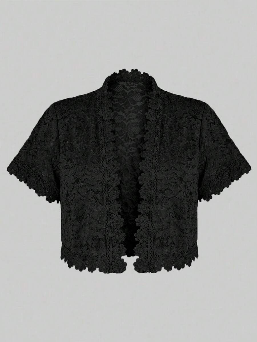 Yukiwi Plus Size Women Camellia Lace Patchwork Short Sleeve Cardigan, Suitable For Holiday Party Wear Spring Black - Black - View 1