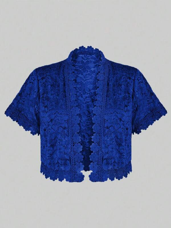 Yukiwi Plus Size Women Camellia Lace Patchwork Short Sleeve Open Front Jacket For Holiday Party Clothes