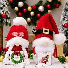 2pcs Christmas Decorations - Knitted Pom Pom Hat, Wooden Plaque Reindeer Figurine - Multicolor - View 2