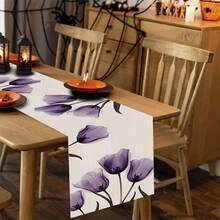 1/25pcs Purple Tulip Pattern Printed Linen Table Runner, Suitable For Holiday Parties, Birthday Dinners, Kitchen & Dining Room Decor, Furniture & Home Textile Decoration. It Is A Versatile Home Decor Item Applicable For All Seasons, Great For Party/Holiday Decorations, And Also An Excellent Gift For Parents And Friends. - ZQ-292 - View 7