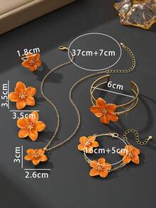1 件夏季度假风格多巴胺手工滴油橙色 5 瓣花吊坠项链、1 对耳环、1 枚戒指、1 条手链、1 个手镯女士首饰套装（无礼品盒） - 橘色 - 查看 6