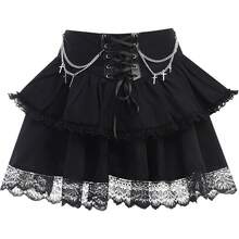 Womens High Wiast Black Mini Skirt Cute Lace Up Chain Gothic Pleated Skirts For Women - 黑色 - 查看 5