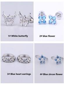 2 Stücke/Set hypoallergene Titan-Stahl Ohrringe, 5A Zirkonia funkelnde Schmetterling Ohrstecker, blaue Blumen flache Knorpel-Ohrringe, blaue Zirkonia Herz-Blumen Creolen, Nasenring, hochwertiger Ohrschmuck für Piercings