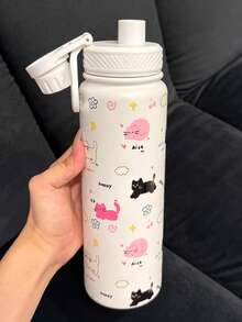 1pc Double Wall Insulated Tumbler With Lid & Straw - 12/20/32oz (14oz) Leak-Proof Travel Mug, Cartoon Cat Design - Suitable For Car, Office, Gym, Birthday/Christmas/Halloween Gift - Dishwasher & Non-Slip Base, Cylindrical Design, Thermal Water Bottle