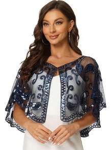 1 Stück Eleganter Vintage Damen Schal aus den 1920ern mit Pailletten, Pailletten- & Perlen-besetzter Retro Kurzblazer, bestickter Spitzenrand Schalkragen, Streetstyle Outfit, Pailletten Top für Nachtclubs, Bühnenkostüm, modisches Party- & Abendkleid Accessoire