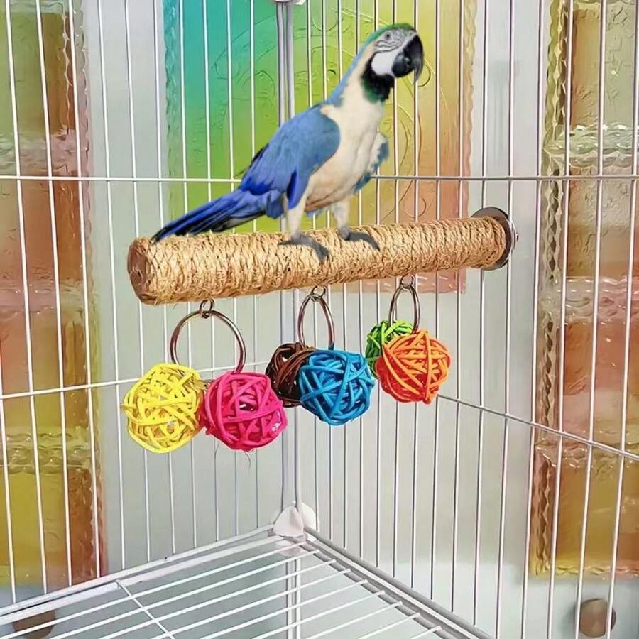 Parrot Perch Toy Set With Rope, Bird Chewing And Climbing Accessory, Colorful Rattan Balls, Bird Cage Entertainment Accessory For Claw And Beak Conditioning - Multicolor - View 1