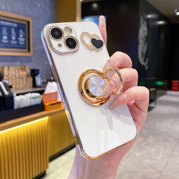 1 husă de telefon anti-cădere galvanizată neagră, 1 suport rotativ galvanizat 6D negru, 1 husă de telefon cu stras negru, în formă de inimă, compatibilă cu Apple/Huse de telefon asortate/Huse de telefon cu șnur/Huse de telefon cu curea de mână/Huse de telefon amuzante/Huse de telefon Android/Huse de telefon/Huse de telefon/Huse de telefon OPPO