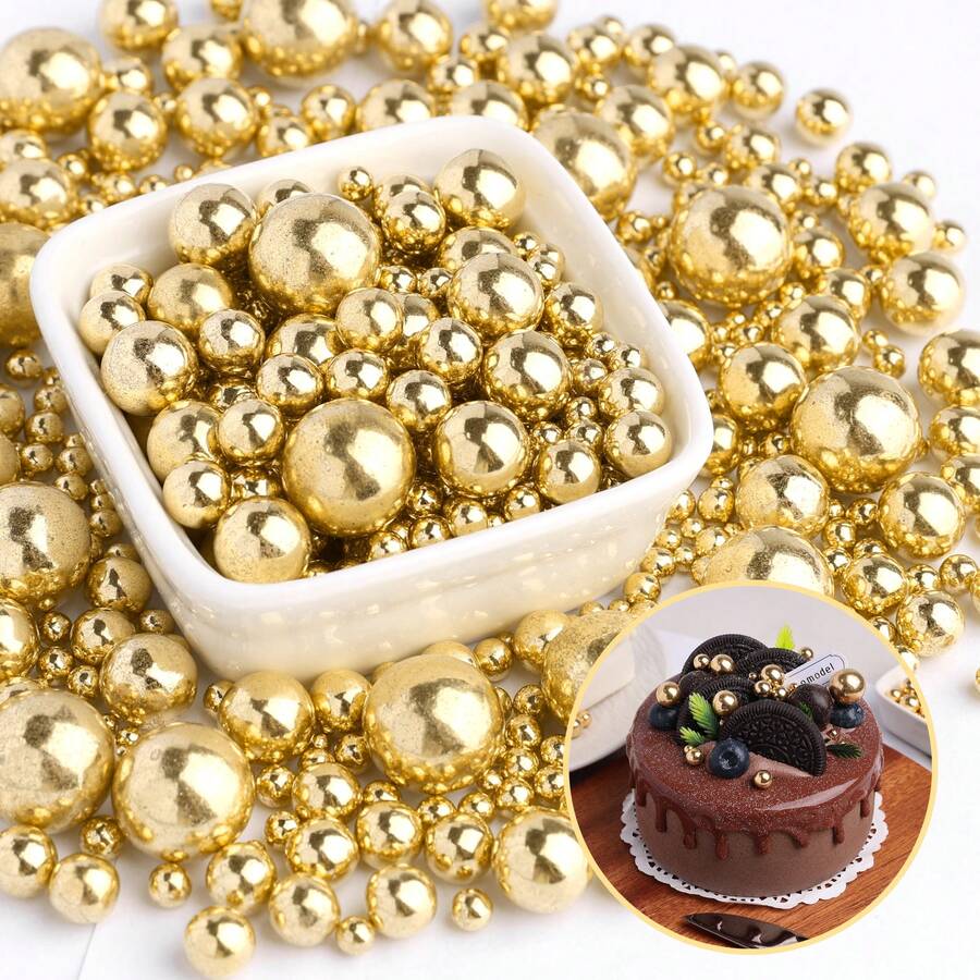 حبيبات لؤلؤية ذهبية سكرية للتزيين على الكيك - كرات سكرية لتزيين الكب كيك والآيس كريم وتزيين الكيك