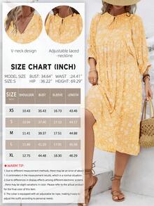 全印花繫頸圓弧袖連衣裙，時尚休閒日常穿著 - 黃色 - 查看 5