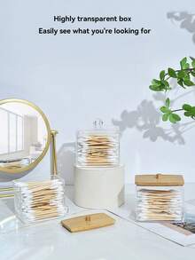 Cotton Swab Dispenser, Transparent Wooden Lid Medicine Bottle Container With Cover, Bathroom Canister, Cotton Ball Makeup Box, Cotton Swabs, Dental Floss, Bathroom Accessories, Bathroom Storage And Organization