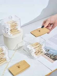 Cotton Swab Dispenser, Transparent Wooden Lid Medicine Bottle Container With Cover, Bathroom Canister, Cotton Ball Makeup Box, Cotton Swabs, Dental Floss, Bathroom Accessories, Bathroom Storage And Organization