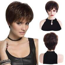 Synthetic Short Pixie Cut Straight Brown Wig With Side Bangs For Women Daily Party Cosplay Fake Hair Heat Resistant
