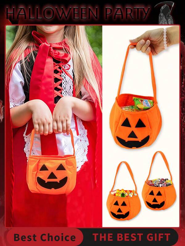1 pieza Bolsa de dulces de calabaza de Halloween - Truco o , cubos de calabaza de tela no tejida, cesta linda con asa para suministros de fiesta, regalos y bolsas de golosinas