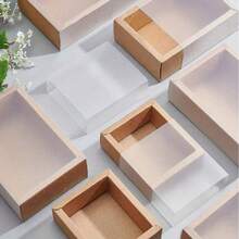 3/6/12/24 Juegos de Cajas de Regalo de Papel Kraft con Funda de PVC, Caja de Almacenamiento de Embalaje de Regalo Rectangular, BurlyWood, Desplegado: 9.41x9.33x0.02 pulgadas, Caja: 3.27x3.27x1.26 pulgadas, Tamaño Interior: 2.65x2.65x1.18 pulgadas (Hay una película protectora resistente a los arañazos en el estuche transparente, que debe pelarse antes de su uso.)