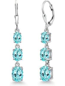 Gem Stone King 3-Stone Leverback Drop Dangle Earrings Women |   925 Sterling Silver |   Gemstone Birthstone |   Oval 8X6MM 7X5MM And 6X4MM |   Fine Jewelry Gifts Her Mom Women Wife - 磷灰石 - 查看 1