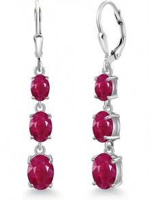 Gem Stone King 3-Stone Leverback Drop Dangle Earrings Women |   925 Sterling Silver |   Gemstone Birthstone |   Oval 8X6MM 7X5MM And 6X4MM |   Fine Jewelry Gifts Her Mom Women Wife - 紅寶石,七月 - 查看 1