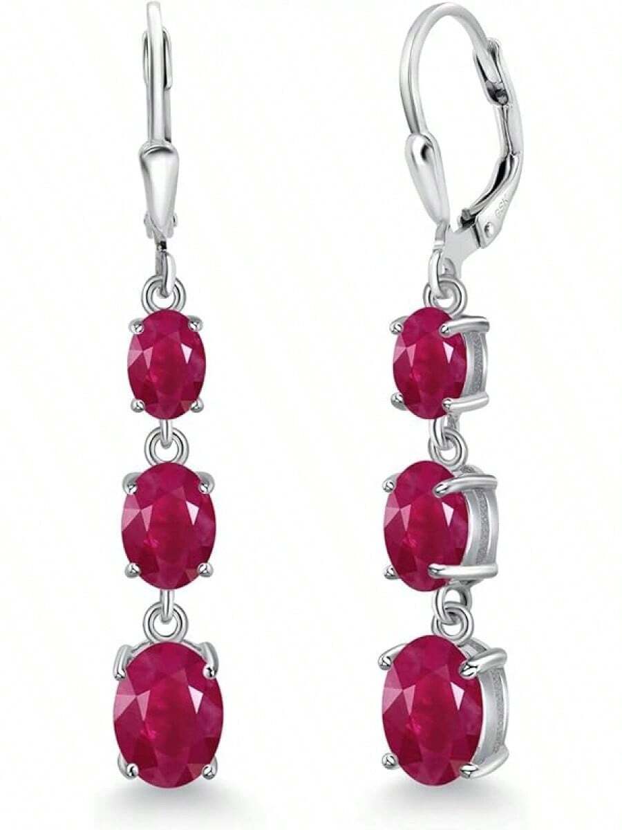 Gem Stone King 3-Stone Leverback Drop Dangle Earrings Women | 925 Sterling Silver | Gemstone Birthstone | Oval 8X6MM 7X5MM And 6X4MM | Fine Jewelry Gifts Her Mom Women Wife - 紅寶石,七月 - 查看 1