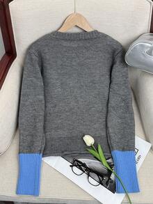 Wixra 秋冬新款韩版撞色针织开衫毛衣女外套时尚针织上衣 - 灰色 - 查看 2