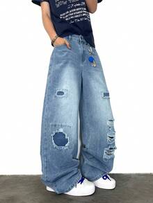 1 件男士休闲宽松阔腿牛仔裤，做旧牛仔布，带补丁设计，街头潮流 - 藍色 - 查看 1