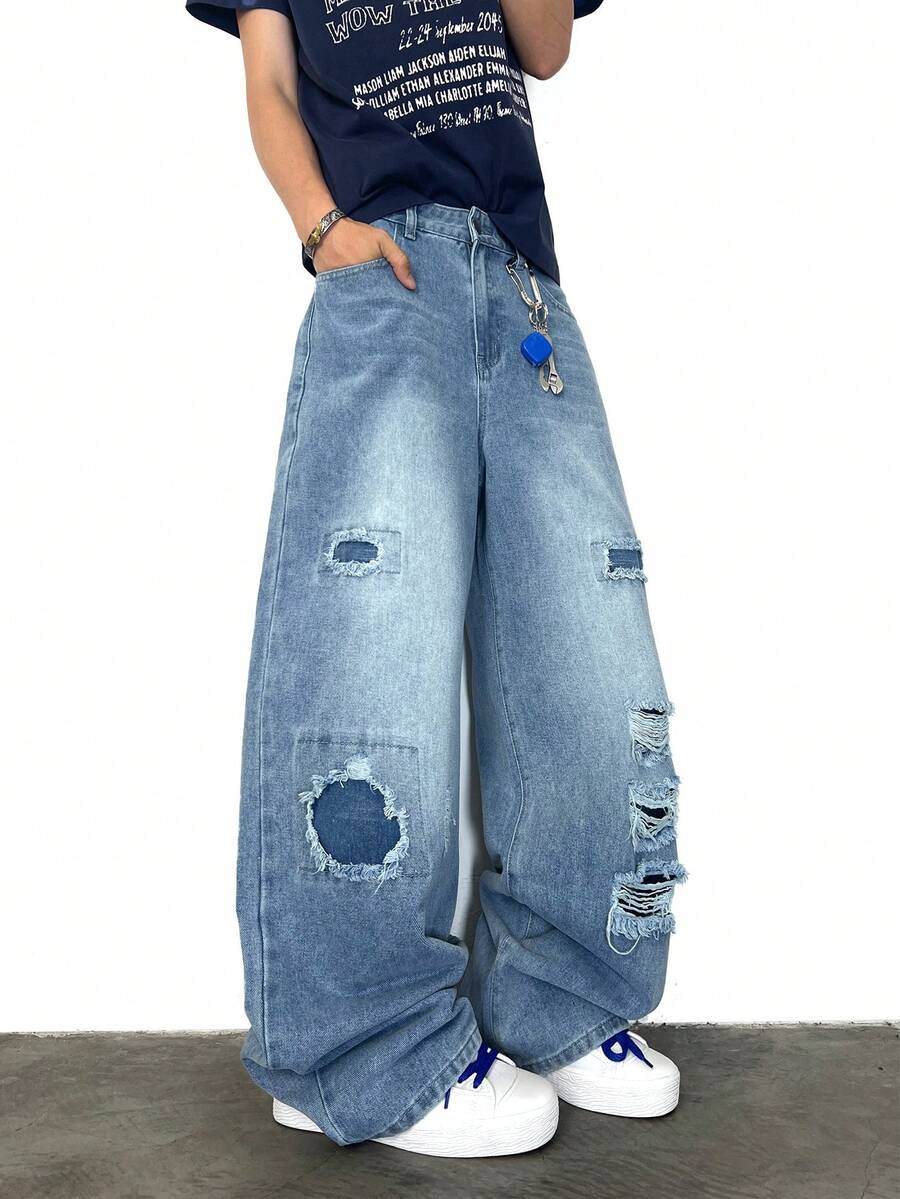 1 件男士休闲宽松阔腿牛仔裤，做旧牛仔布，带补丁设计，街头潮流 - 藍色 - 查看 1