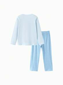 Balabala 2pcs/Set Tween Boy Letter & Cartoon Print Long Sleeve Top And Plaid Pants Pajama Set, Cotton Material, Spring 2026 - White and Blue - View 6