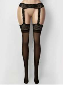 大码女士性感蕾丝边吊袜带，免脱丁字裤，弹力高腰紧身打底裤，约会之夜丁字裤，性感内衣，大胆异域风情内衣，时尚提花紧身裤，性感半透明高弹力连裤袜，镂空提花塑身打底袜，复古渔网袜 - 彩色 - 查看 1