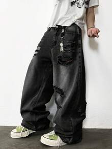 1pc Hearty Haven Distressed American Street Style Loose Fit Wide Leg Washed Denim Jeans For Men (No Belt & Accessories) - Black - View 3