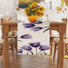 1/25pcs Purple Tulip Pattern Printed Linen Table Runner, Suitable For Holiday Parties, Birthday Dinners, Kitchen & Dining Room Decor, Furniture & Home Textile Decoration. It Is A Versatile Home Decor Item Applicable For All Seasons, Great For Party/Holiday Decorations, And Also An Excellent Gift For Parents And Friends. - ZQ-292 - View 8