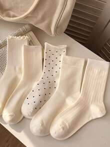 4 双女士可爱波尔卡圆点和荷叶边舒适休闲中筒袜，白色袜子，透气柔软，学校袜，日常袜子，颜色随机，适合日常穿着和外出，适合春夏秋冬 - 彩色 - 查看 2