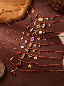 1 件不锈钢材质休闲海滩度假风格海洋生物太阳龟星花吊坠珍珠吊坠编织织物链女士项链，高品质，镀 18K 金，防水防汗，适合日常使用，是送给妻子、母亲和女朋友的最佳礼物