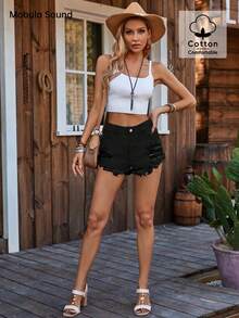 Mobula Sound Y2K Millennium Fashion Distressed Elegant Vacation Student College Ladies Denim Shorts, Versatile Casual Sexy Music Festival Style, Spring & Summer Black - Black - View 2