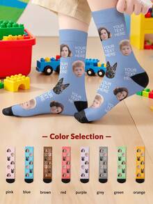 1 双定制脸儿童中筒袜，袜子上可印任何脸，男孩和女孩，个性化袜子，带照片，有趣的定制图片搭配中长袜，适合情人节、生日、送礼