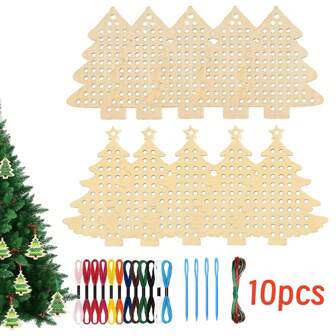 10pcs/Set Christmas Wooden Cross Stitch Kits Unfinished Cross Stitch Wood Ornaments For Hanging Decors DIY Craft Christmas Tree Decoration Supplies