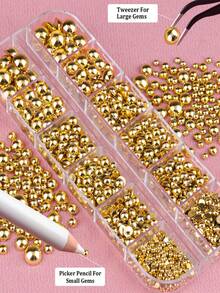 12 格 3D AB 金色半珍珠指甲饰物，2000 件平底半圆形珍珠用于美甲，6 种尺寸 AB 金色珍珠珠水钻用于美甲设计 DIY 工艺品珠宝制作衣服鞋子装饰美甲用品指甲美甲宝石 - 金色 - 查看 2