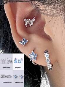 2 Stücke/Set hypoallergene Titan-Stahl Ohrringe, 5A Zirkonia funkelnde Schmetterling Ohrstecker, blaue Blumen flache Knorpel-Ohrringe, blaue Zirkonia Herz-Blumen Creolen, Nasenring, hochwertiger Ohrschmuck für Piercings