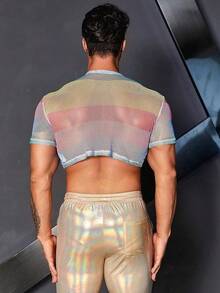 Men's Fishnet Mesh Tee Shirt Round Neck Short Sleeve Crop Top - 彩色 - 查看 11