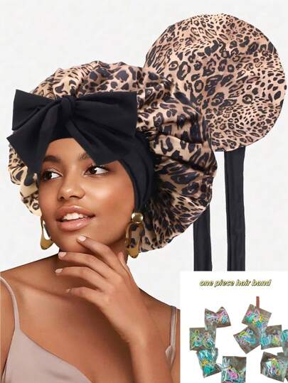 Leopard Print Silk Sleep Cap, Women Satin Sleep Hat, Hair Wrap, Night Sleep Cap, Scarf Style Headband, Suitable For Curly Hair, With Drawstring