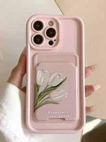 1 set tulpanmönstrat självhäftande korthållare och telefonskal, kompatibelt med 16, 11, 13, 15, 12, 14, 15, 16, Pro, Pro Max och Plus vattentätt stötsäkert falltåligt reptåligt - Rosa - Visa 1