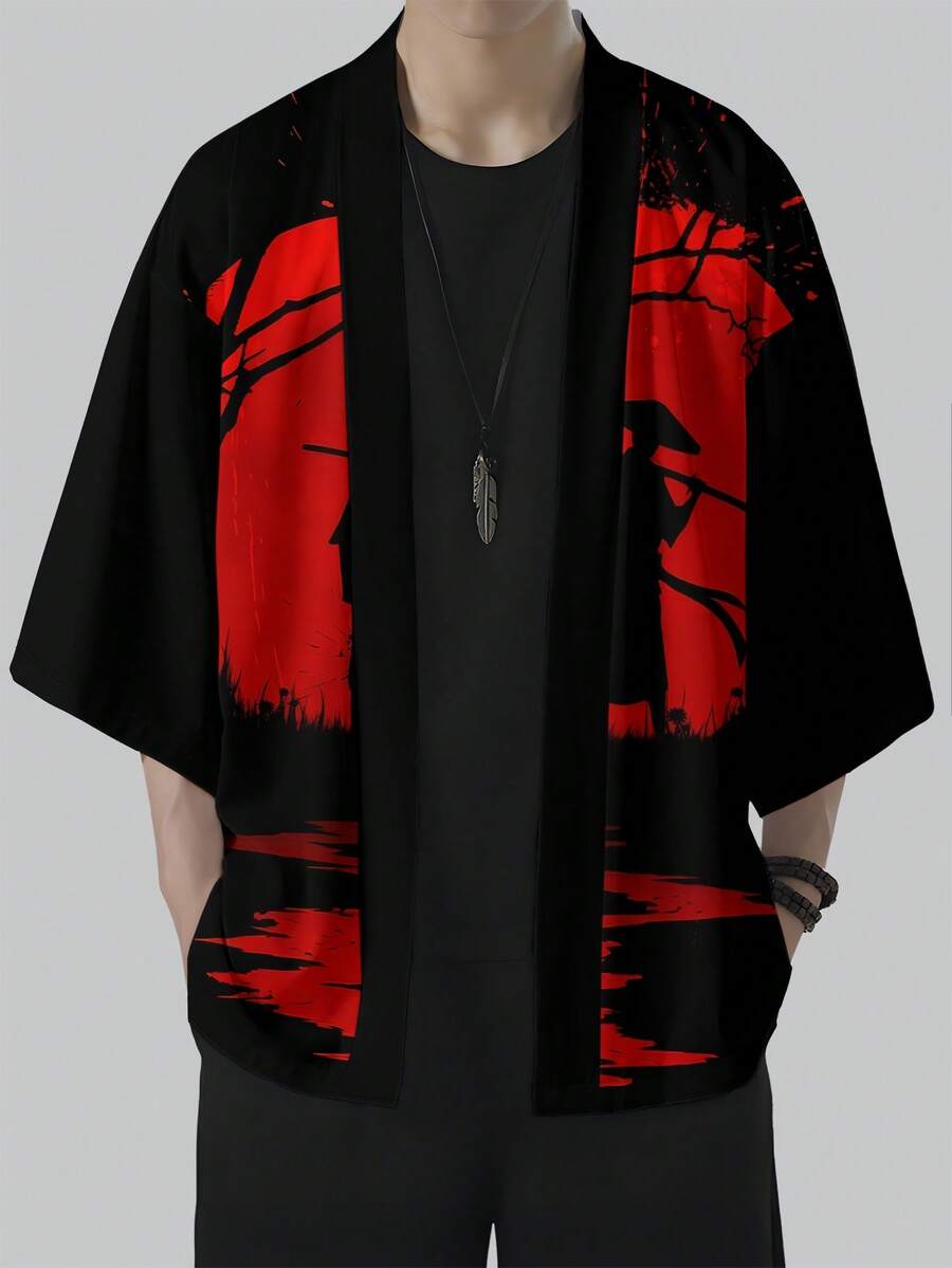 Men's Casual Kimono Cardigan, Polyester, Casual Summer Style Clothing - Black - View 1