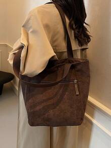 Túi đeo vai tối giản cho nữ, Túi tote vải nhung kẻ, Túi xách nữ có thể gấp gọn dung tích lớn, Túi mua sắm thời trang, Ba lô học sinh - màu nâu - Xem 9
