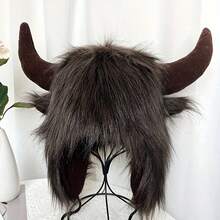 Women's Cow Skull Bucket Hat With Fluffy Horns - Winter Warm Ear Muffs, Soft Faux Mink Material, Suitable For Cold Weather Fashion Accessory, Cow Skull Hat, Outdoor Headwear, Halloween Costume Hat, Unique Sound-Making Headpiece, Warm Headgear, Essential For Women Fall - Multicolor - View 11