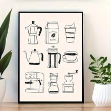 1pc Minimalist Coffee Aesthetic Unframed Poster - Modern Neutral Vintage Black And White Line Art Canvas Print, Coffee Machine And Brewing Equipment Illustration, Frameless Wall Decor For Home, Kitchen, Cafe, Office, Unique Gift For Coffee Lovers, Coffee Bar Decoration