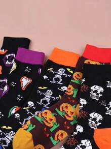 1/5 Pares Meias Médias Sortidas Aleatoriamente - Novas Meias Médias de Halloween com Abóbora para Homens e Mulheres, Casais, Estilo Europeu