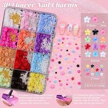 2 盒 24 色亚克力指甲钻石水钻 4000 颗 3D 花朵指甲饰物和宝石、用于指甲设计的彩色花朵饰物、用于美甲的 4 盒指甲水钻、用于指甲彩绘的珍珠指甲饰物金色鱼子酱珠子、指甲蜡铅笔镊子 - 彩色 - 查看 3