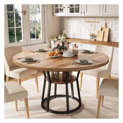 mteryoing 42" Round Farmhouse Dining Table For 4-6 People - Rustic Wood Kitchen Table With Storage Shelf, Space-Saving Circle Dinner Table For Small Spaces, Apartments, Dining Room & Living Room